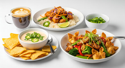 Drink - Brewed coffee Appetizer - White queso dip & chips Main course - Chicken wonton stir fry Side - House salad Dessert - Butter pecan blondie