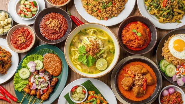 A variety of traditional Asian dishes arranged on a table