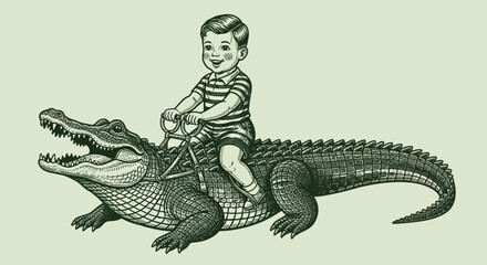 Fototapeta premium A young boy rides a bicycle on top of an alligator in a vintage illustration from a unique viewpoint.