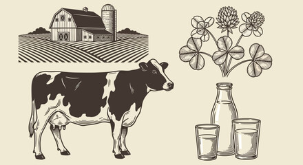 A cow stands beside a farmhouse with a silo and fields, accompanied by a milk bottle, glasses, and flowers. © Steven