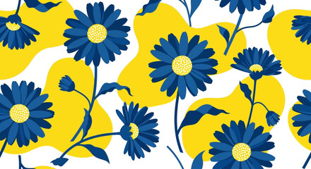 Floral pattern with blue flowers and yellow leaves on a white background viewed from above © Steven