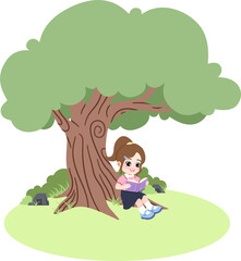 Young girl reading a book under a large tree in a serene outdoor setting