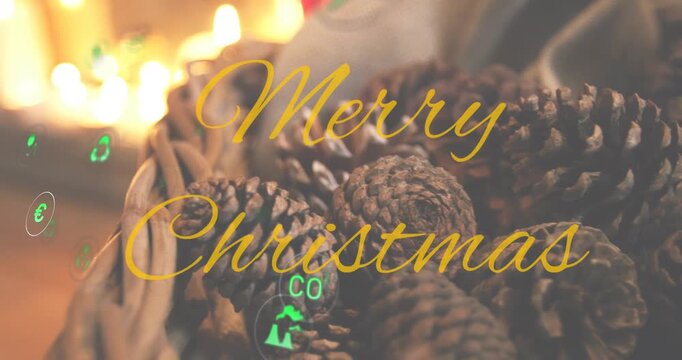 Animation of merry christmas text banner and digital icons against close up of pinecones in a basket