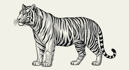 Fototapeta premium A majestic tiger standing proudly with a detailed illustration showcasing its black stripes and powerful stance from a side viewpoint