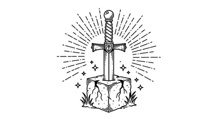 A sword lodged in a stone, surrounded by mystical symbols and rays of light, in a serene landscape from a frontal viewpoint © Steven