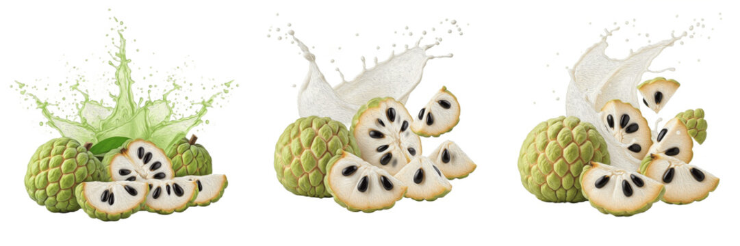 Fresh custard apple with custard apple pieces and juice splash explosion isolated on white background, high speed liquid splash photography, custard apple juice concept for beverages and packaging, An