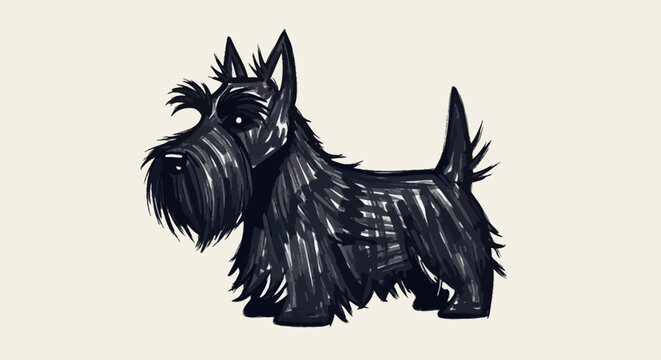 Illustration of a black Scottish Terrier dog standing proudly with a detailed fur texture