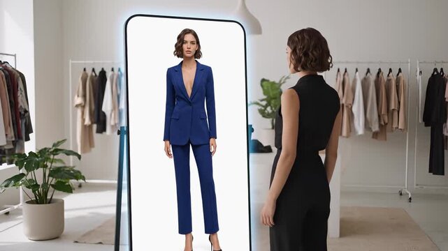 Woman interacting with a virtual fitting mirror, showcasing a red dress, transitioning to a blue suit, demonstrating innovative fashion technology and personalized styling experience