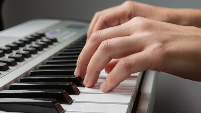 closeup hands on keyboard playing melody, studio closeup of adult hands moving over electronic piano keys, fingers forming