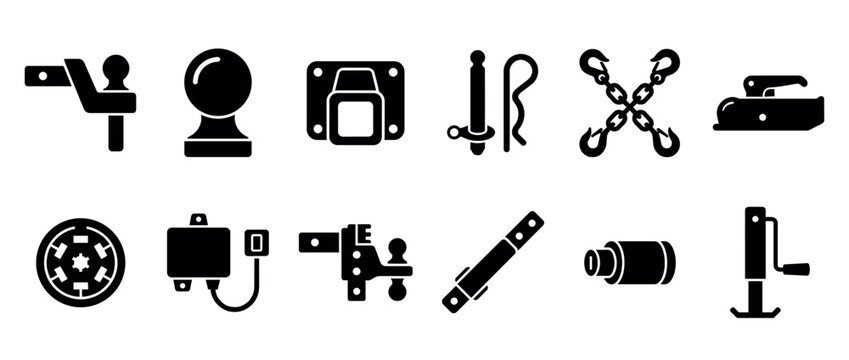 Trailer towing parts and accessories icon set featuring various hitches, a ball mount, safety chains, a coupler, and a trailer jack in a solid black silhouette graphic design