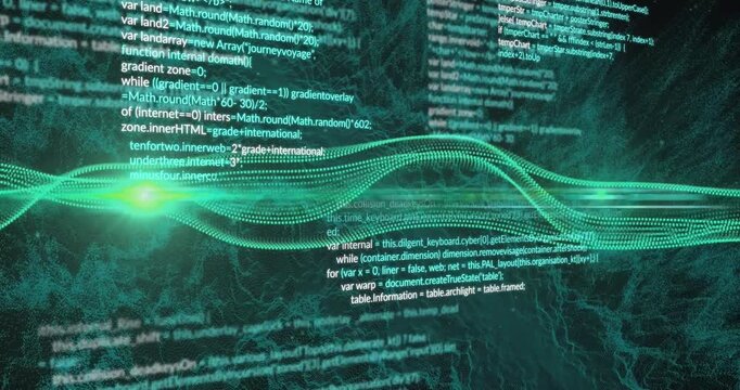 Animation of wave pattern and computer language with dynamic waves over black background