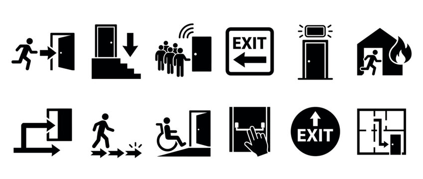 Collection of black emergency exit icons showing evacuation routes, safety signs, fire escape plans, and accessibility symbols for public guidance