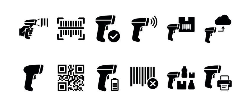 Black glyph icons set of barcode scanners and QR code readers for inventory management, logistics, and retail point of sale systems, showing various actions and statuses