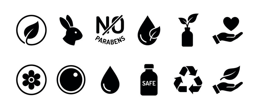 Set of black cosmetic product icons representing natural, organic, cruelty-free, and paraben-free claims for packaging design in a simple minimalist vector style