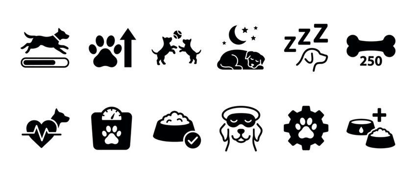 Collection of black dog care icons representing various pet activities and health concepts, including running, sleeping, playing, eating, weight management, and veterinary wellness