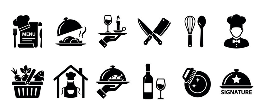 Collection of black restaurant and cooking icons showing a chef, menu, serving cloche, wine, utensils, and food service elements in a simple minimalist glyph style