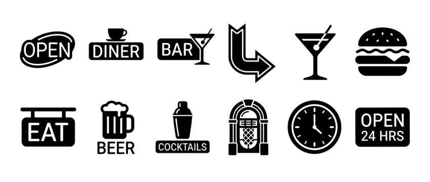 Set of black retro diner and bar glyph icons featuring various signs, a hamburger, beer, cocktails, a jukebox, and a clock for a vintage restaurant theme