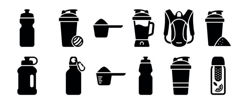 Set of black fitness and nutrition icons showing various water bottles, protein shakers, supplement scoops, a blender, and a backpack in a simple glyph style