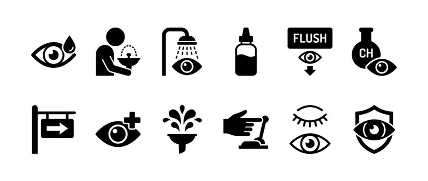 Collection of black glyph icons for eye wash stations and emergency safety procedures, including flushing, chemical hazard protection, and first aid for eye injuries
