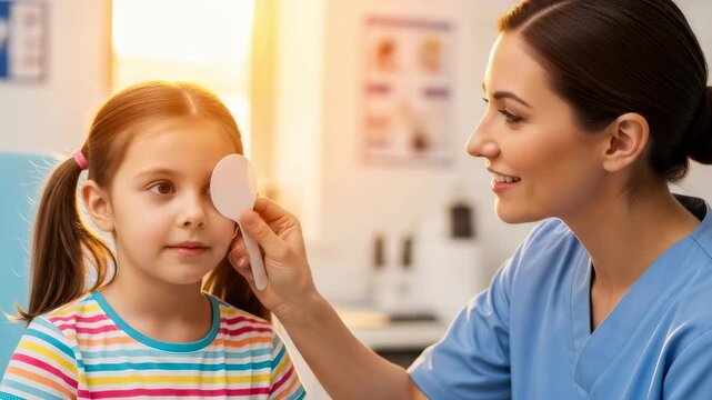 Woman optometrist examining childs vision. Pediatric ophthalmologist performs routine eye check-up with eye patch. Kids health care.