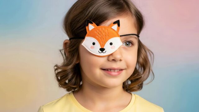 Little girl smiling and wearing a cute fox eye patch for amblyopia treatment. Child ophthalmology for vision correction and eye care.