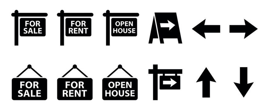 Collection of black real estate icons including for sale, for rent, open house signs, and directional arrows in a clean, minimalist vector style for graphic design