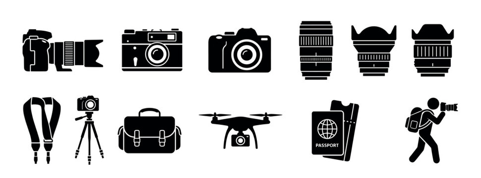 Collection of black photography equipment icons including cameras, lenses, a drone, tripod, and travel items like a passport, representing a photographer's gear set