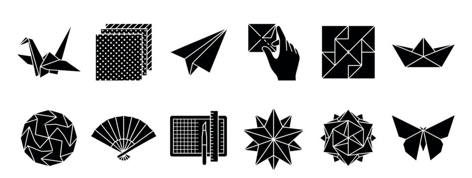 Black origami and paper craft glyph icons set showing a crane, airplane, boat, butterfly, and other folded paper figures in a minimalist graphic style collection