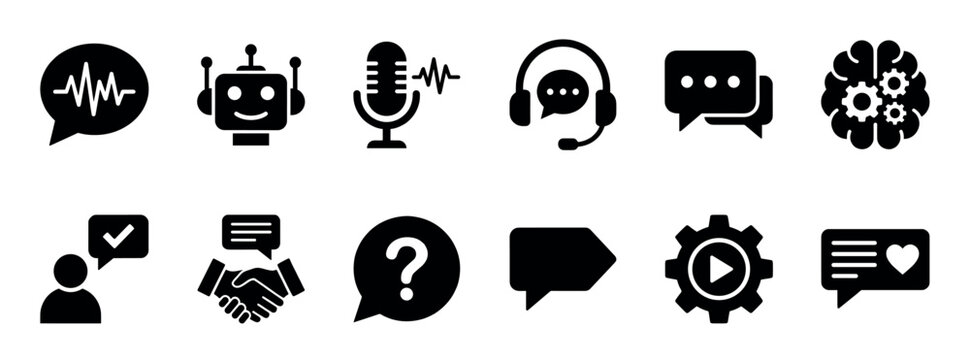 Collection of black glyph icons representing chatbot, AI, customer support, and communication technology, including robot, headset, microphone, and speech bubble symbols