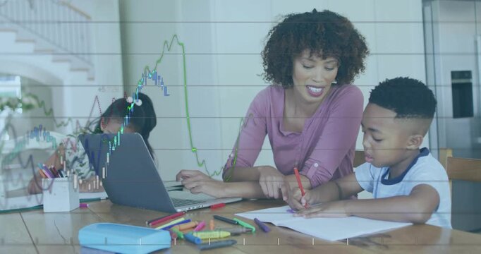 Animation of financial data processing over diverse woman and son using laptop for homework