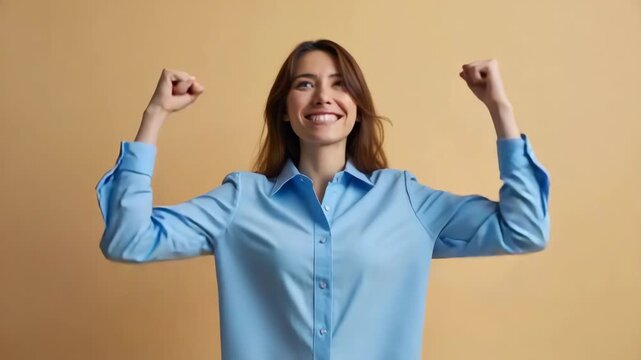Full body length size shot of young overjoyed business woman in blue shirt fists up winning lottery isolated on beige color background fashion editorial shot, high-fashion imagery, a.