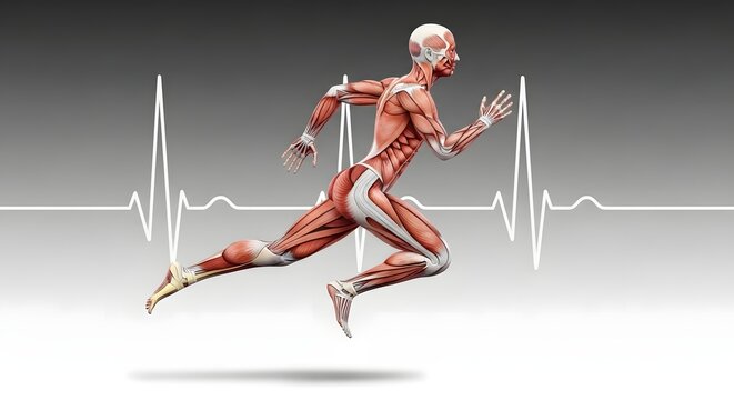 Anatomy of a human body while running with muscles and bones visible