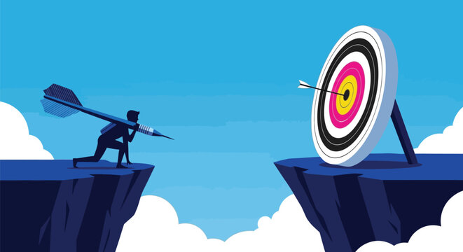 Businessman aiming giant dart across gap hitting bullseye