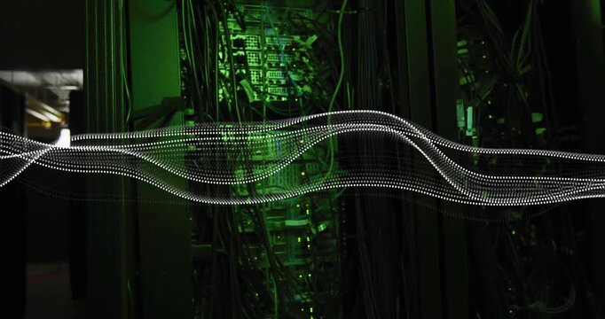 After 1s dotted waveform appearing right and gliding left across server rack representing data flow