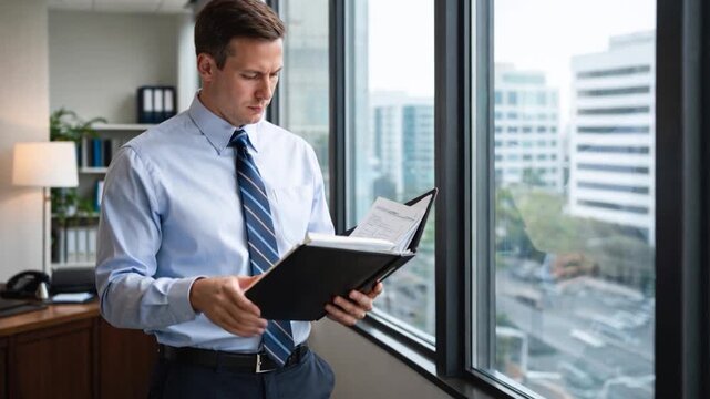 Businessman accountant analyst holding documents doing trade market research thinking working at office.