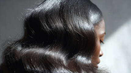 Close-up beauty portrait of a beautiful Black woman. Her hair is styled in flawless, light waves against a soft blue background for hair salon and color ads.