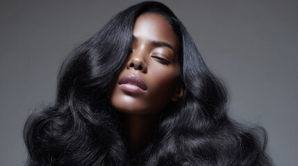 A stunning Black model with voluminous, perfectly styled wavy hair in a close-up studio shot on a blue backdrop, designed for hair color and salon marketing.