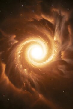 Formation of a protostar - swirling gas cloud collapsing inward forming bright newborn star core