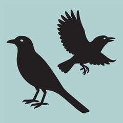 Obraz premium Silhouette of two crows or ravens, one perched with tail fanned, another in flight with wings open, set against pale blue