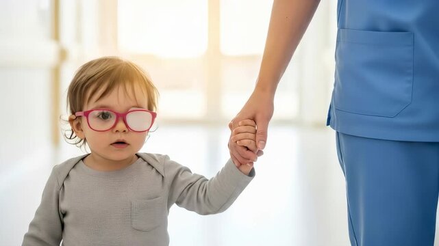 Child with an eye patch and glasses holding an adults hand, illustrating vision treatment and ophthalmology in a medical setting