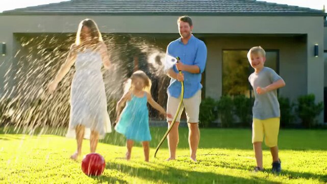 Happy caucasian family of four joyfully plays on a lush green lawn during golden hour. Father sprays water, kids and mother dodge droplets near a suburban house. Idyllic summer fun atmosphere