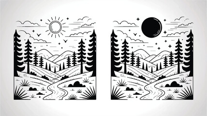 Obraz premium Minimal day and night woodland valley landscape vector illustration, silhouette lineart style on white background with sun, moon, stars and trees