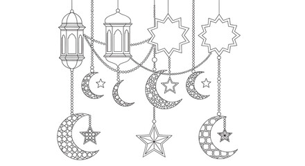 Black and white of hanging lanterns, crescent moons, and stars with intricate patterns