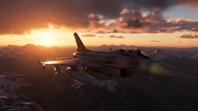 Modern Fighter Jet Flying Over Mountains at Sunset Cinematic Military Aviation Footage