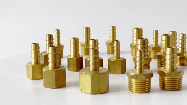 Professional collection of brass hose barb fittings for industrial fluid systems and pneumatic connections, high-quality metallic hardware for plumbing engineering and irrigation on white background