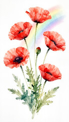 Obraz premium Red poppy flowers with green leaves and a rainbow background, concept of Mother's Day 