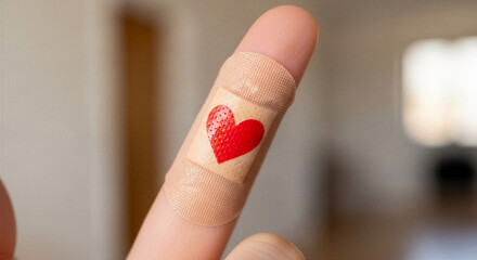 Finger with adhesive bandage decorated with red heart indoors  