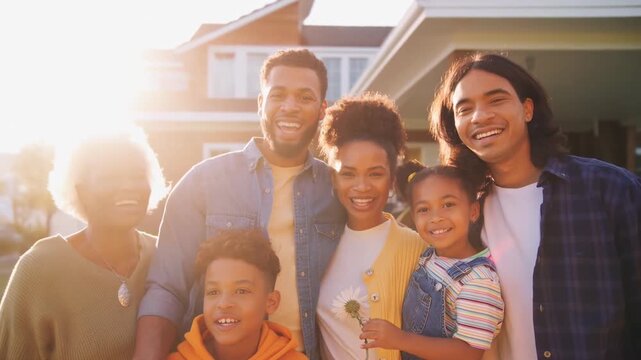 A joyful family portrait at sunset, captured in a wide-angle shot, perfect for a heartwarming video
