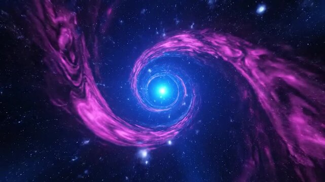 A swirling galaxy vortex with nebulae in violet and blue, centered on a bright light
