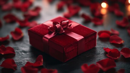 A luxurious red velvet gift box tied with a satin ribbon, surrounded by scattered rose petals under soft diffused lighting.
